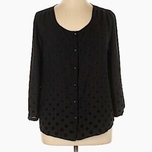 Lands End Blouse Top Black on Black Polka Dot Button Front Long Sleeve Size 4
